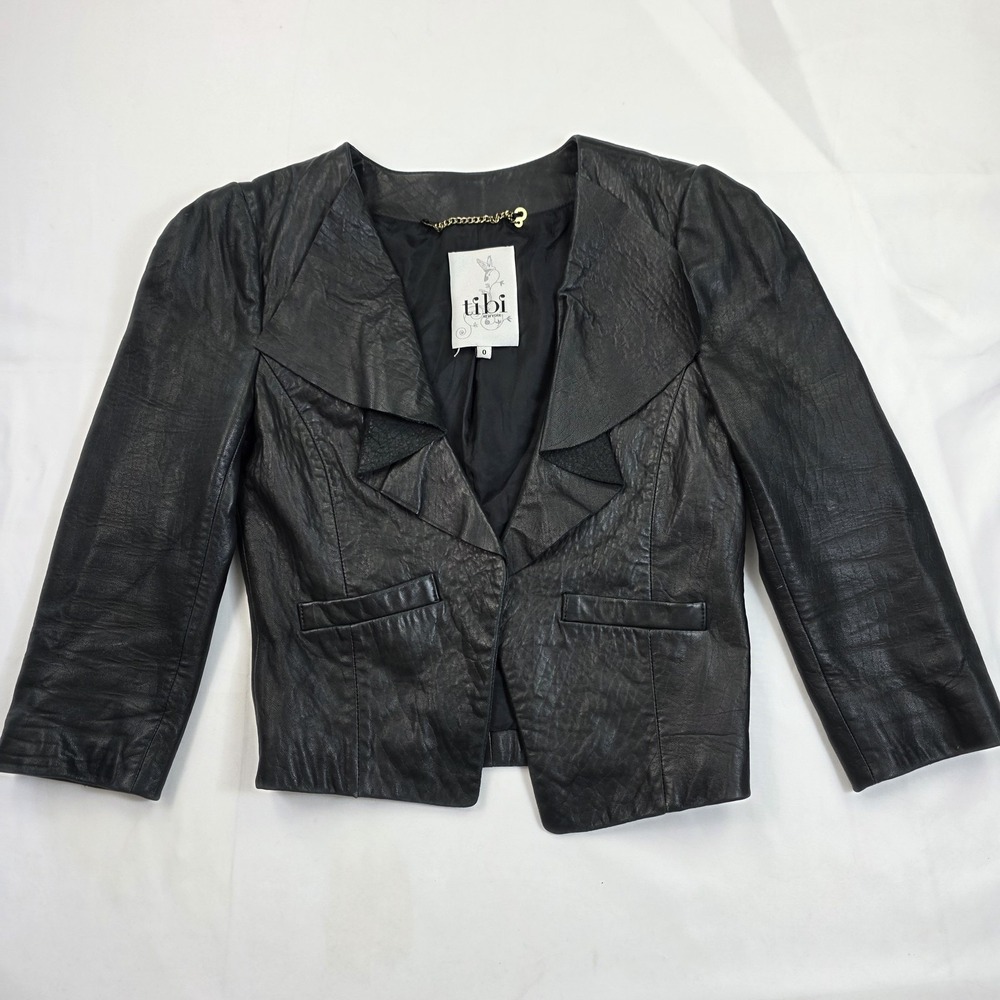 Tibi Jacket Womens 0 Black Leather Ruffle Lapel Cropped 3/4 Sleeve Open Front